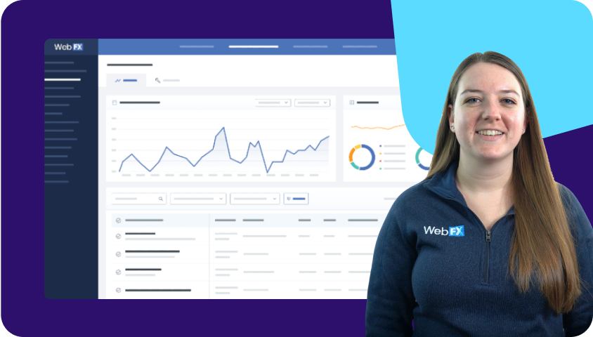 a woman stands in front of a WebFX dashboard