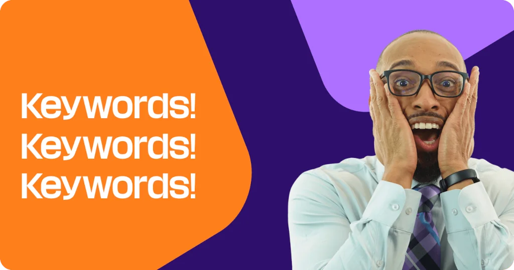 a man with glasses holds his hands to his face in front of a sign that says keywords keywords keywords